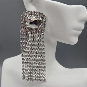 Swarovski Crystal Elements Silver Dangle Statement Earrings 3.5 inch Prom Bridal